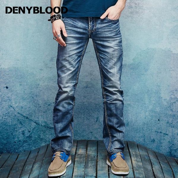 

denyblood jeans fashion mens stretch knitted denim distressed jeans ripped slim straight vintage washed casual pants 158035, Blue