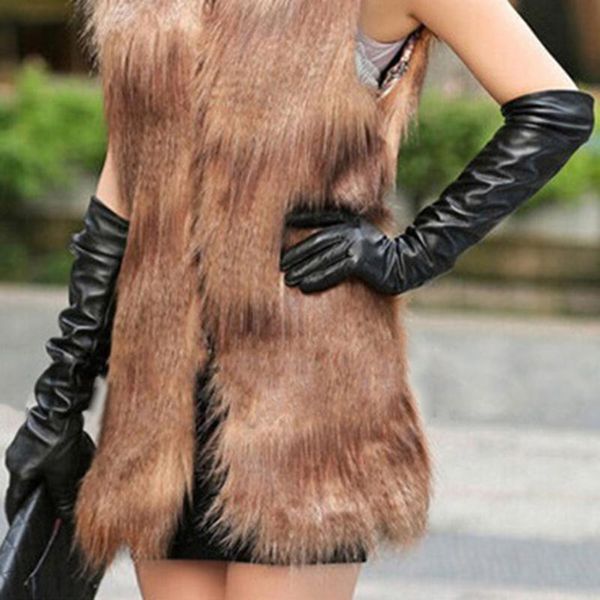 

long leather gloves long sleeve simulation leather three bars white black woman patent pu gloves, Blue;gray