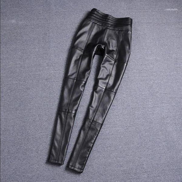 

s-4xl elastic waist pencil style real sheep leather pants female fashion brand full length genuine leather pants f96611, Black;white
