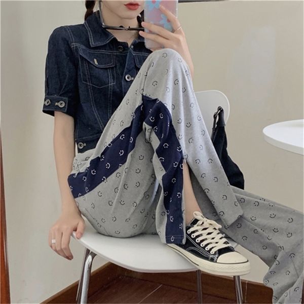 

2021 new smiley face female early fall new sports elastic waistline lateral waistband straight leg broad pants 9ogc, Black;white