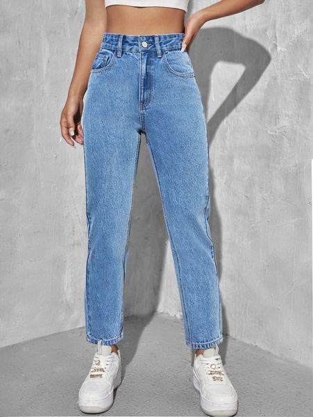 

high waist mom fit jeans 335b#, Blue