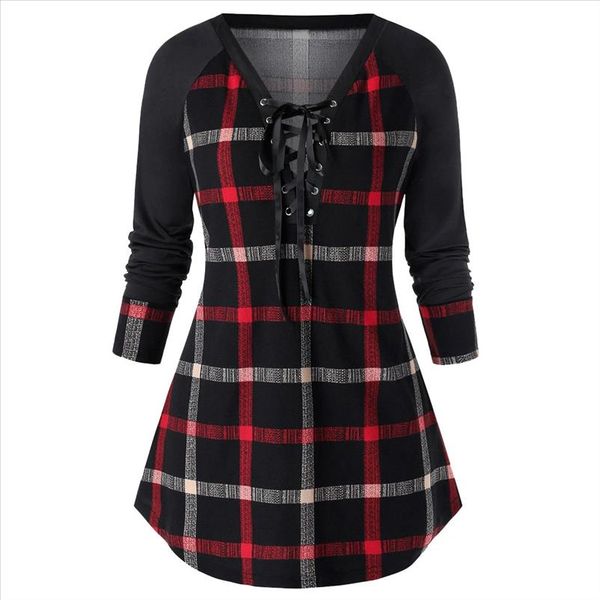

fashion plaid lace up tunic blouse plus size casual winter ladies bottom female women long sleeve shirt blusas pullover, White