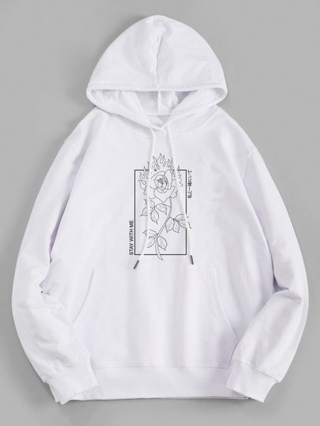 

romwe guys slogan fire graphic pocket drawstring hoodie k8no#, Black