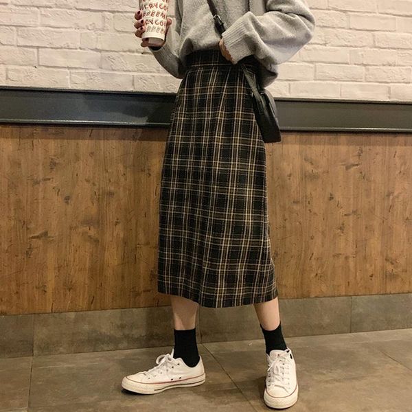 

new japanese style high elastic waist long skirts woman autumn winter plaid a-line skirts womens long for 2020 women, Black
