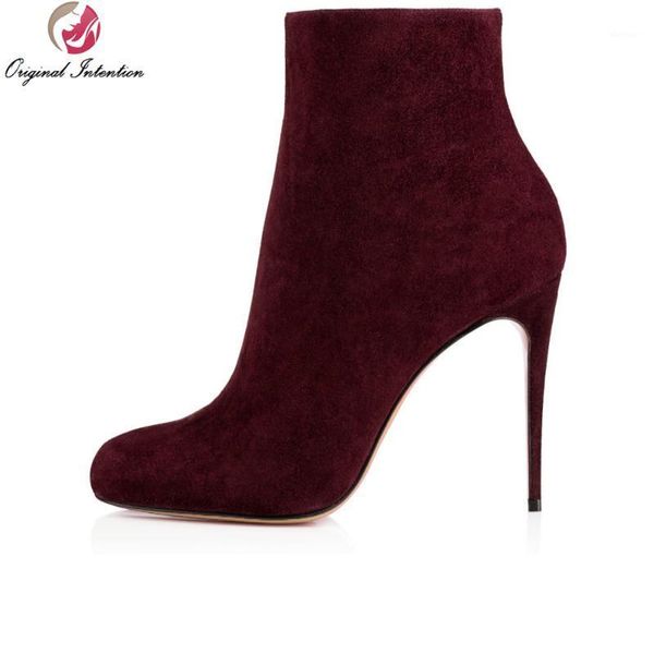 

boots original intention super elegant women ankle round toe thin heels wine red high-quality shoes woman plus size 4-151, Black