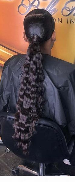 

jet black real hair long sleek 100% human hair ponytail deep wave women hair extension drawstring clip in 140g
