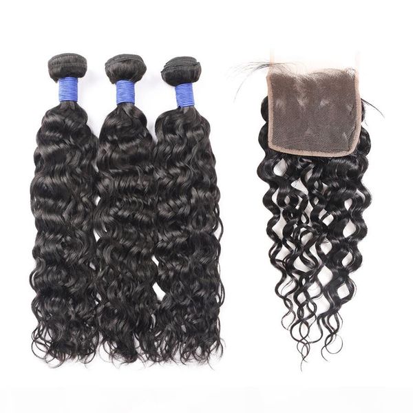 

10a brazilian human hair bundles with closure water wave wholesale peruvian hair 3bundles with lace closure hair extensions fast shipping, Black
