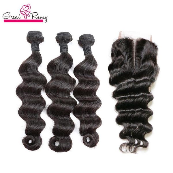 

greatremy brazilian hair weft with closure loose deep wave 3 way part 4x4 lace closure natural human virign hair bundles extensions, Black