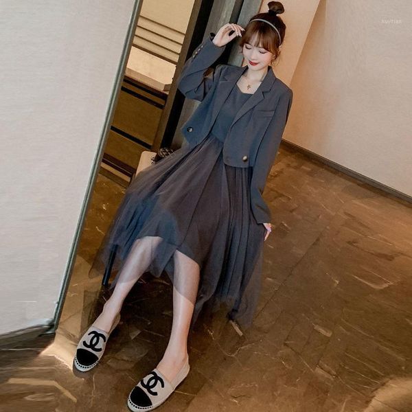 

women 2021 autumn new fashion two piece suits female solid color short outwears ladies mid-long irregular mesh dresses sets w6621, Gray