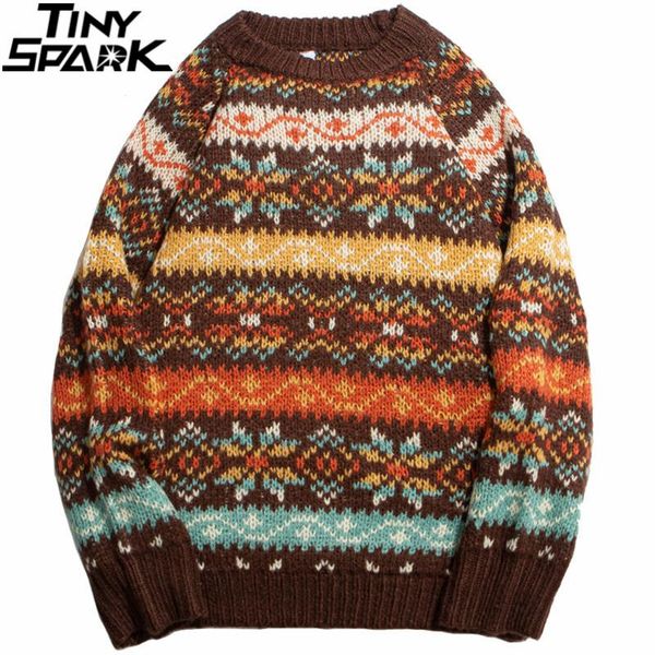 

men's sweaters hip hop retro vintage knitted sweater streetwear harajuku snowflake striped 2021 mens winter fashion cotton pullover, White;black