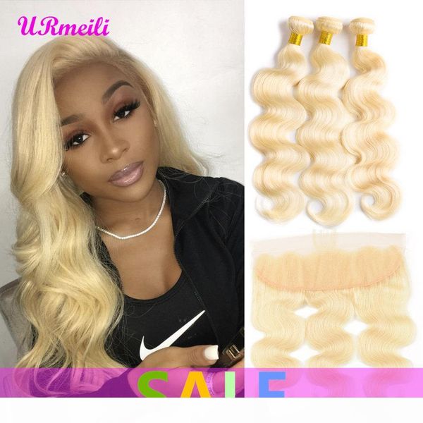 

remy blonde color hair body wave 3 4 bundles with 4x4 ear to ear lace frontal closure brazilian virgin human 613# blonde hair, Black;brown