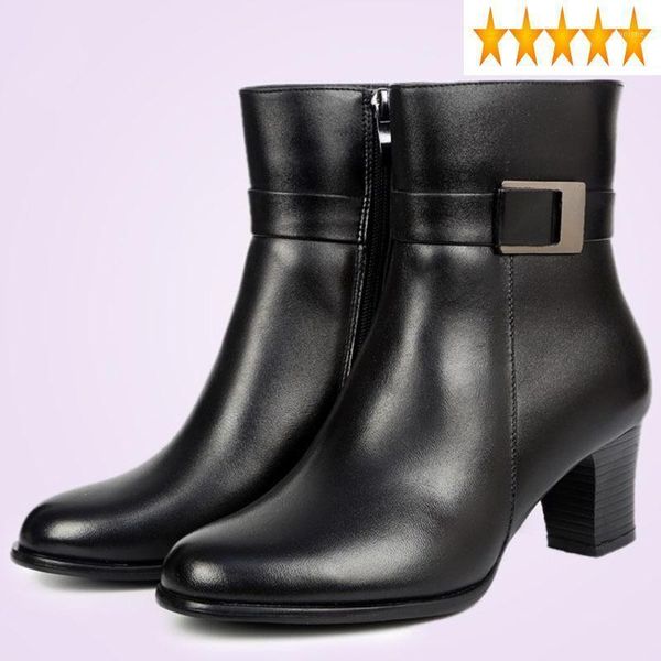 

boots women fleece lining ankle winter genuine leather pointed toe high heels booties elegant black zipper 35-401