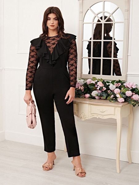 

plus contrast lace ruffle trim jumpsuit w6z2#, Black