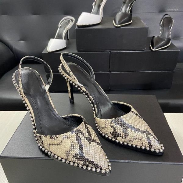 

elegant slingbacks high heels pointed toe thin heeled lady pumps genuine leather steel ball decor pump spring summer women shoes1, Black