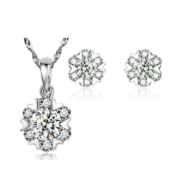

925 sterling silver jewelry sets earring & necklace six crystal snowflake shaped charms vintage classic shipping sff4s