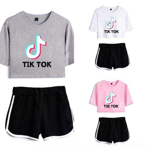 

jthvj 2020 летние виды спорта вскользь женской одежды tik tok шорты шорты размер пуп большой рукав свободный моды костюм короткий и shortsfo, Gray