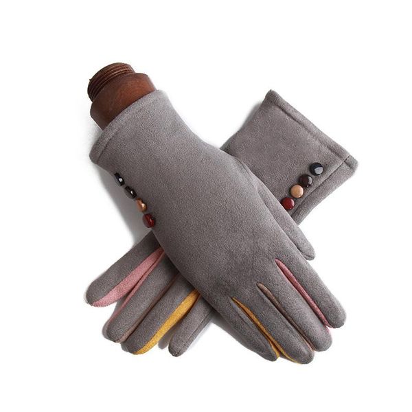 

five fingers gloves winter female single layer warm cashmere full finger button cycling mittens women suede leather touch screen driving, Blue;gray