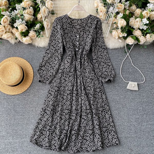 

2021 new female singer floral impression dress down puff button the line autumn bow dressed cordon 84sy, Black;gray