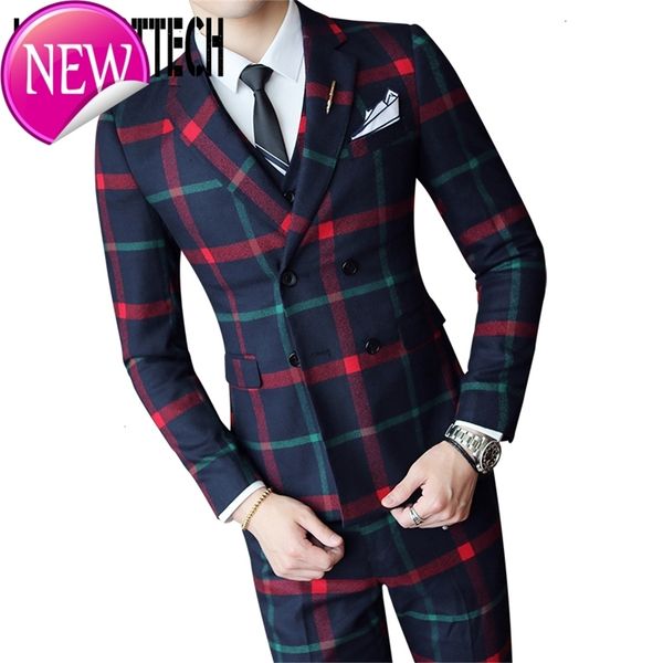 

2020 three-piece male formal business plaids suit for men's fashion boutique plaid wedding dress suit ( jacket + vest + pants, Black