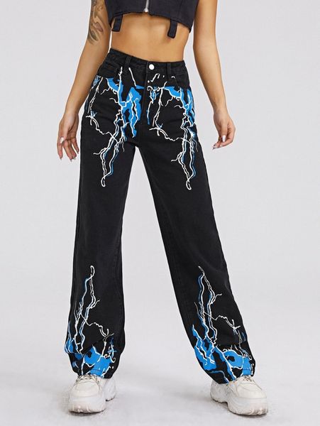 

high waist lightning print straight jeans f9xo#, Blue