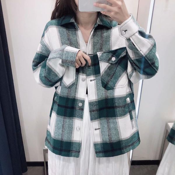 

autumn women lapel long sleeve cardigan breasted chest pocket loose check shirt jacket women outerwear chic 2021 streetwear1, Black;brown