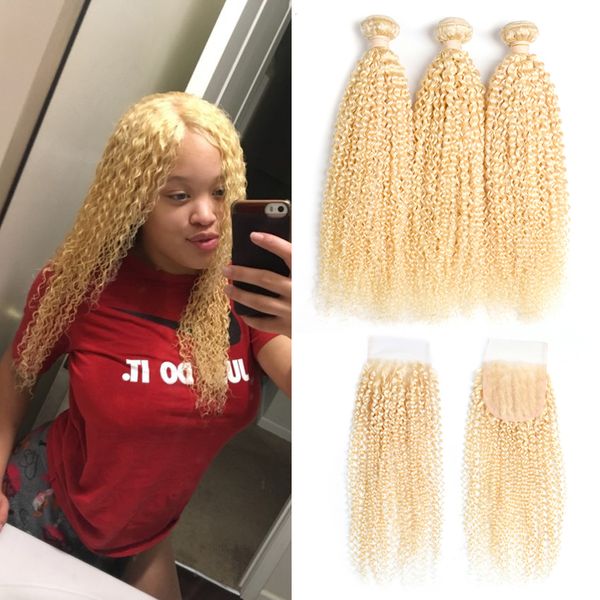 

peruvian virgin hair straight/kinky curly with lace closure with baby hair brazilian 613 blond hair 3 bundles with 4*4 closure braided, Black;brown