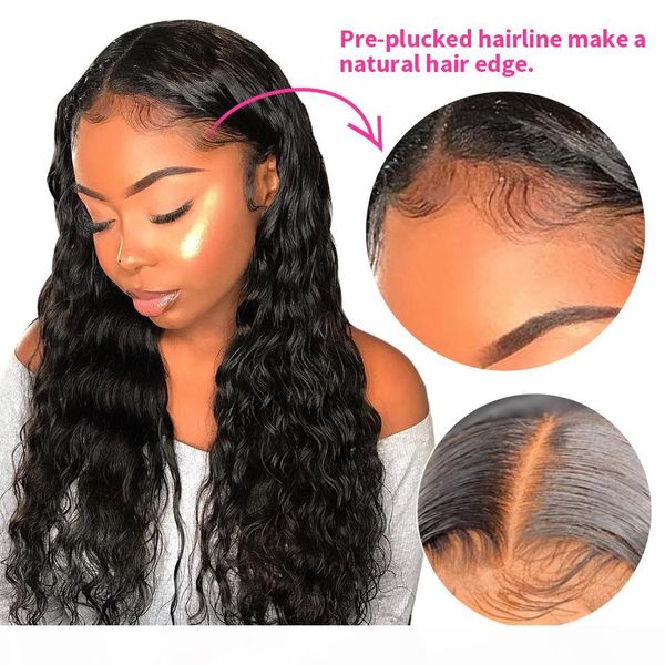 

transparent hd lace wig brazilian unprocessed glueless water wave hd lace front human hair wigs pre plucked with baby hair, Black;brown