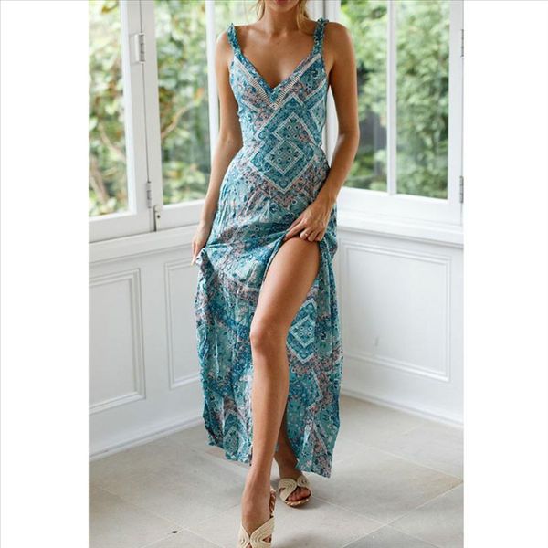 

38 women summer long dress evening party beach dresses sundress tie up waist open forked printed dress summer 2020, Black;gray