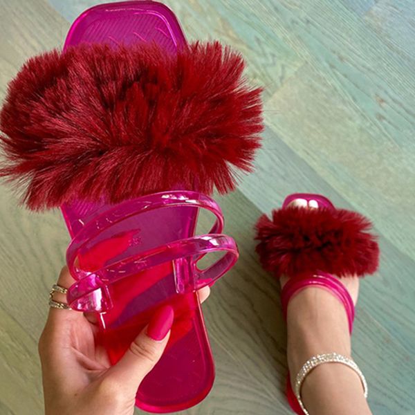 

fur women slippers jelly shoe summer slide indoor furry flat big size fashion female woman fluffy woman home footwear x1020, Black