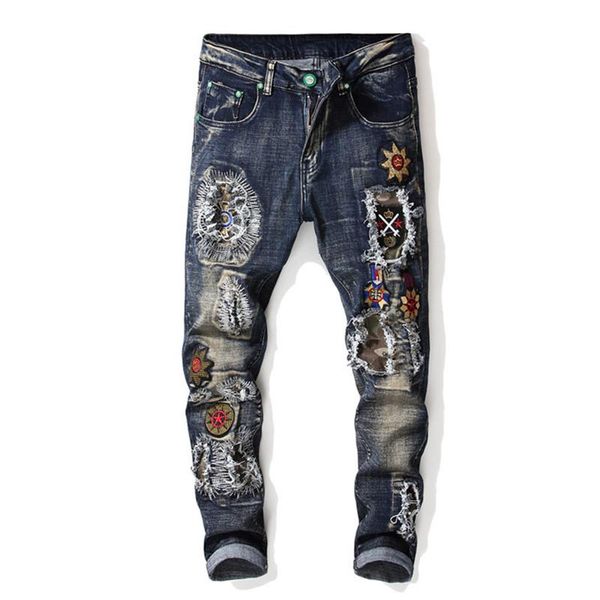 

men's jeans men ripped embroidery quilt pleated pants with rivets fashion badge patchwork denim trousers male moto & biker style, Blue