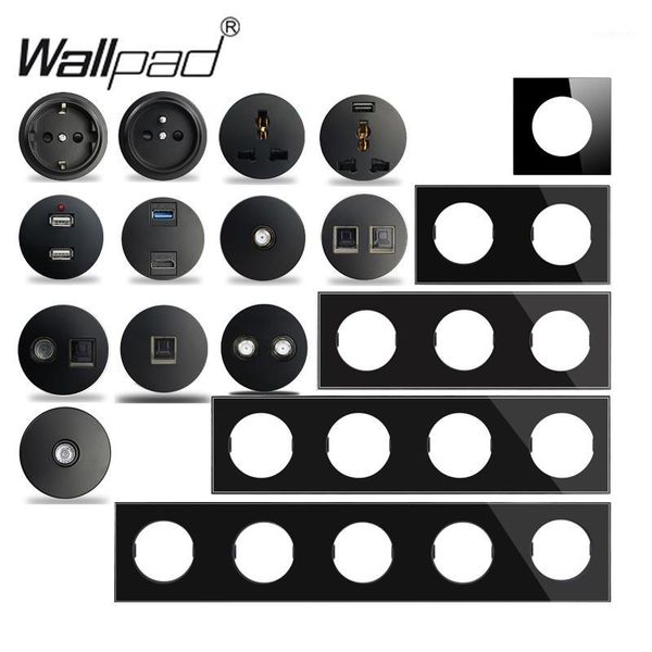

wallpad l6 black crystal glass wall light switch eu french socket usb charger rj45 cat6 audio modules diy combination1