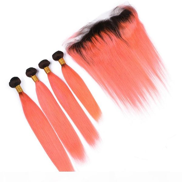 

malaysian orange ombre human hair 4bundles with lace frontal silky straight #1b orange ombre virgin hair weaves dark roots with frontal 13x4, Black;brown