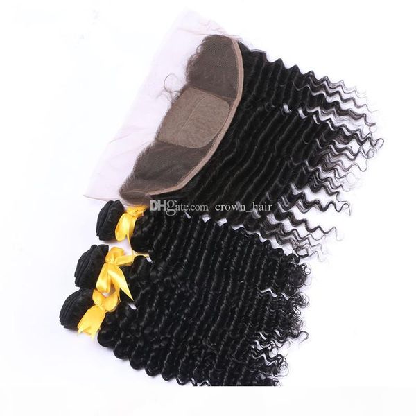 

brazilian virgin 8a deep wave human hair 3 bundles with silk base 4x4 lace frontal closure 4pcs lot, Black