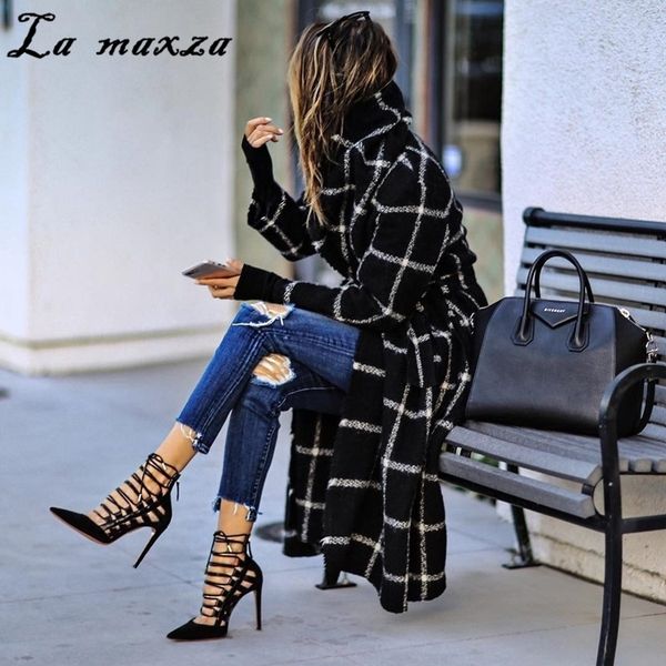 

korean style winter plus size women long coat woolen plaid casual fashion black coat 201031