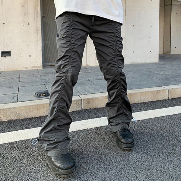 

harajuku elastic waist casual trousers men and women pleated ankle drawstring cargo pants high street baggy track pants, Black