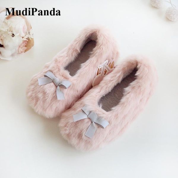

slipper mudipanda girls winter slippers plush soft non-slip children toddler shoes bowknot warm fur 2021 cute indoor outdoor kids1, Black;grey