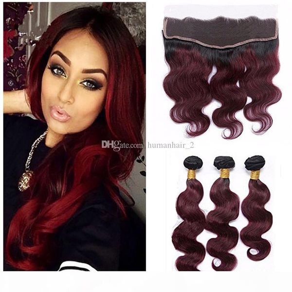 

brazilian human hair bundles with lace frontal closure 1b 99j two tone human hair bundles body wave with lace frontal closure, Black;brown