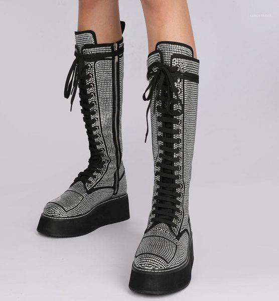 

european full rhinetsone drilled knee boots thick platform sole bling crystal lace up women runway shoe1, Black