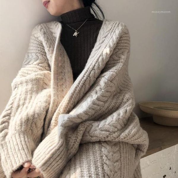 

superaen solid v-neck thick sweaters for women autumn and winter 2020 new retro loose long twist knit cardigan jacket1, White