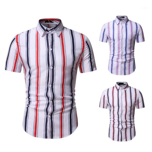 

2020 men's stripe leisure hawaiian shirt short sleeve slim fit shirt men's summer fashion single breasted tw451, White;black