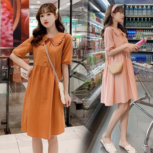 

9956# maternity dress summer solid color short sleeve easy matching loose stylish dress for pregnant women mom1, White
