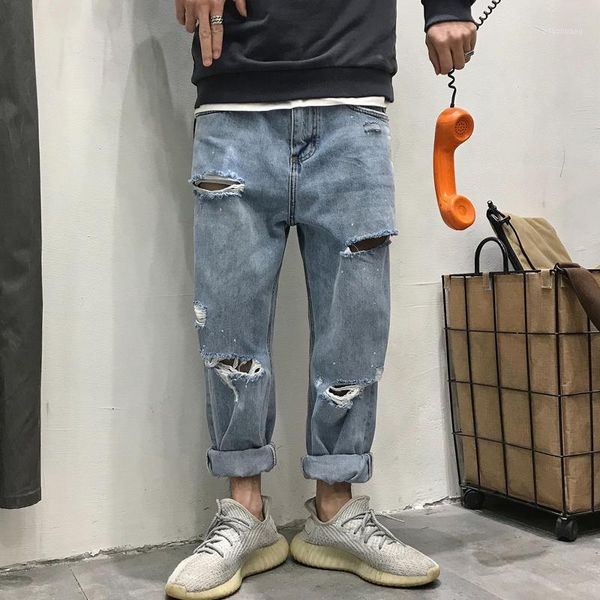 

28-33 american casual ripped men's jeans trend versatile straight wash nine - minute pants1, Blue