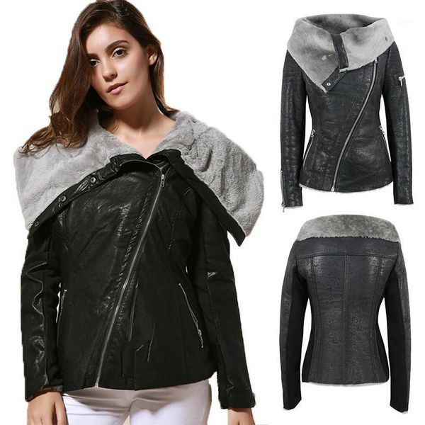 

women leather jacket short pu ladies motorcycle jacket plush thick asymmetrical zipper warm slim coat female winter new 1, Black