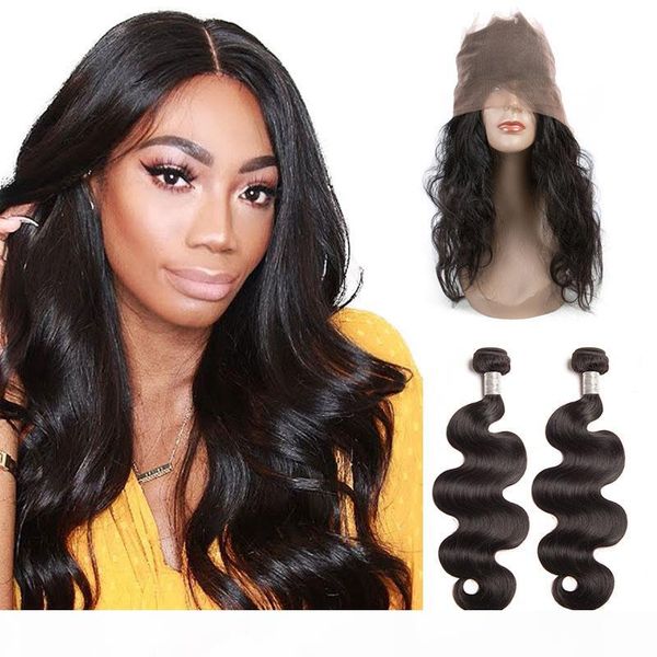 

brazilian virgin hair 2 bundles with 360 lace frontal pre plucked human hair extensions 8-30inch body wave bundles with 360 frontal, Black;brown