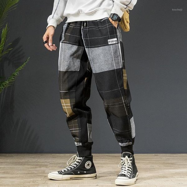 

hip hop plaid joggers pants sweatpants men 2020 spring harem pants male fashion loose jogger streetwear elastic waist mg4261, Black