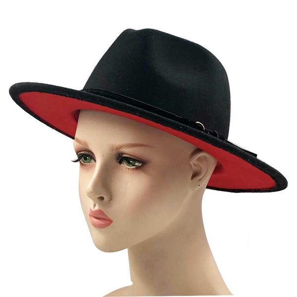 

black red patchwork wool felt jazz fedora hats belt buckle decor women wide brim panama trilby cowboy cap sunhat 600cm wmtyor xhlove, Black;white