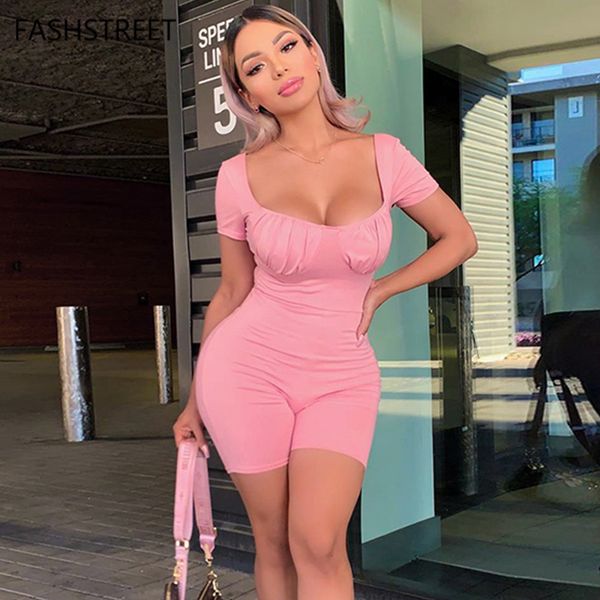 FASHSTREET Casual Street Nette Rosa Geraffte Bodycon Playsuits Frauen Solide Kurzarm Low Cut Push Up Strampler Fitness Overalls T200704