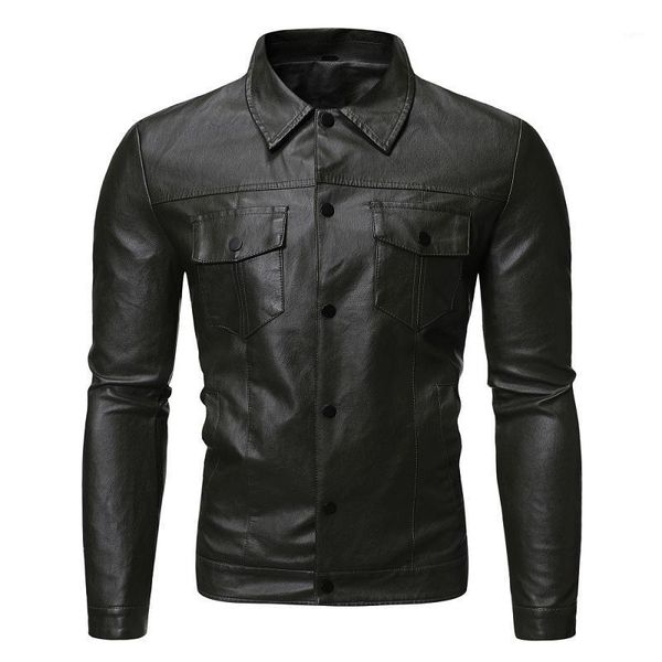 

2020 autumn and winter new men's motorcycle slim leather men's solid color single-breasted jacket j7701, Black;brown