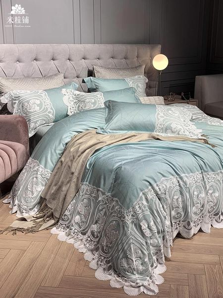 

4/6pcs new arrival franch bedding set lace edge duvet cover luxury embroidery blue cotton bed set quilt cover