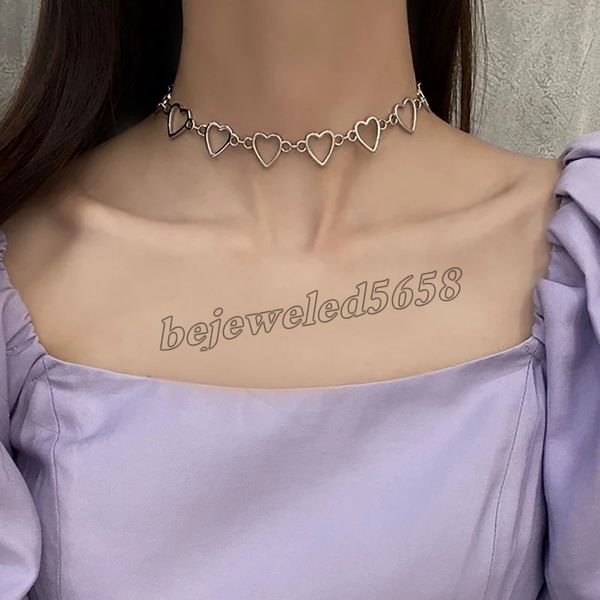 

chic hollow korean sweet heart choker necklaces statement girlfriend gift cute metal chain necklace jewelry collier femme, Golden;silver